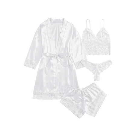 Sexy Lingerie  LOFIR Silk Satin Pajamas for Women  Womens Summer Pajamas Pjs Sets of 4 Pcs with Floral Lace Top Shorts and Robe  Gift for Women XXL