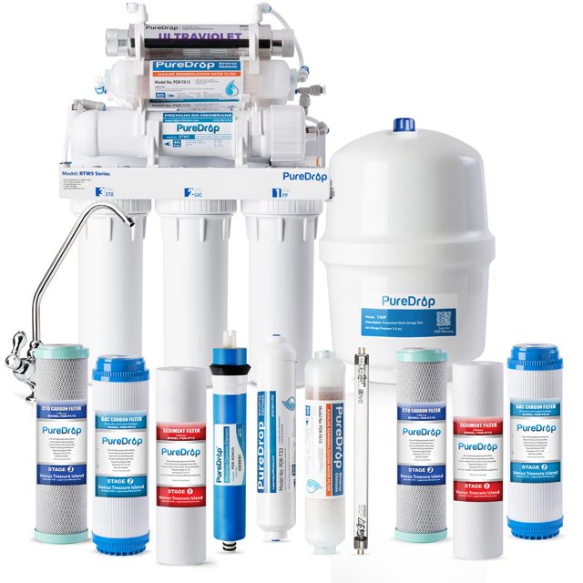 RTW5AK-UV Sistema de Filtro de Agua por Ósmosis Inversa con Remineralización Alcalina y Filtro UV, Sistema de Filtro de Agua RO de 7 Etapas, 50 GPD