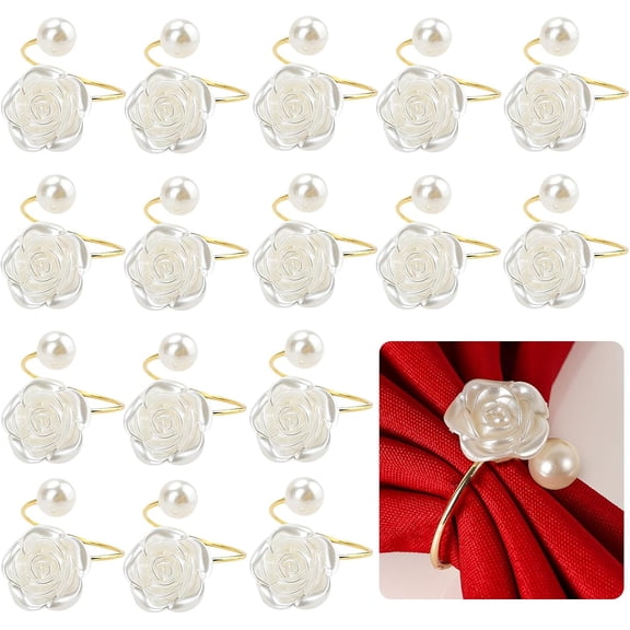 16Pcs Pearl Napkin Rings, Rose Flower Napkin Buckles,Gold Napkin Rings Holders Metal Serviette Buckles for Wedding Dinner Party Kitchen Table Setting