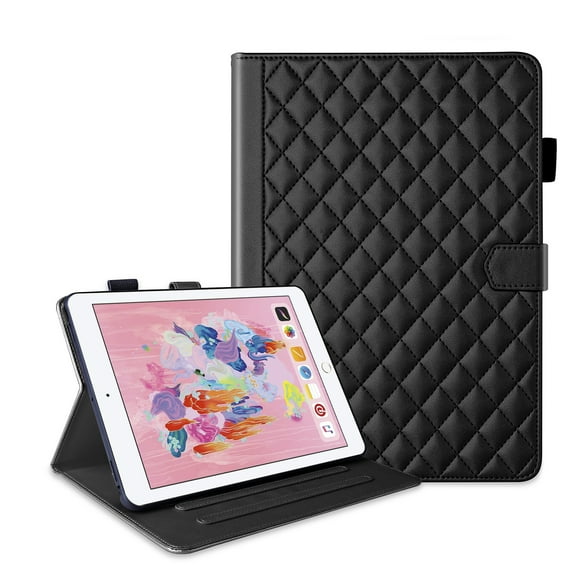 for iPad 5th Gen 9.7" 2017/iPad 6th Gen 9.7" 2018 Folio Flip Case, Elegant Ultra Slim PU Leather Case with Smart Wake Sleep Kickstand Function Pencil Holder and Card Slots, Black