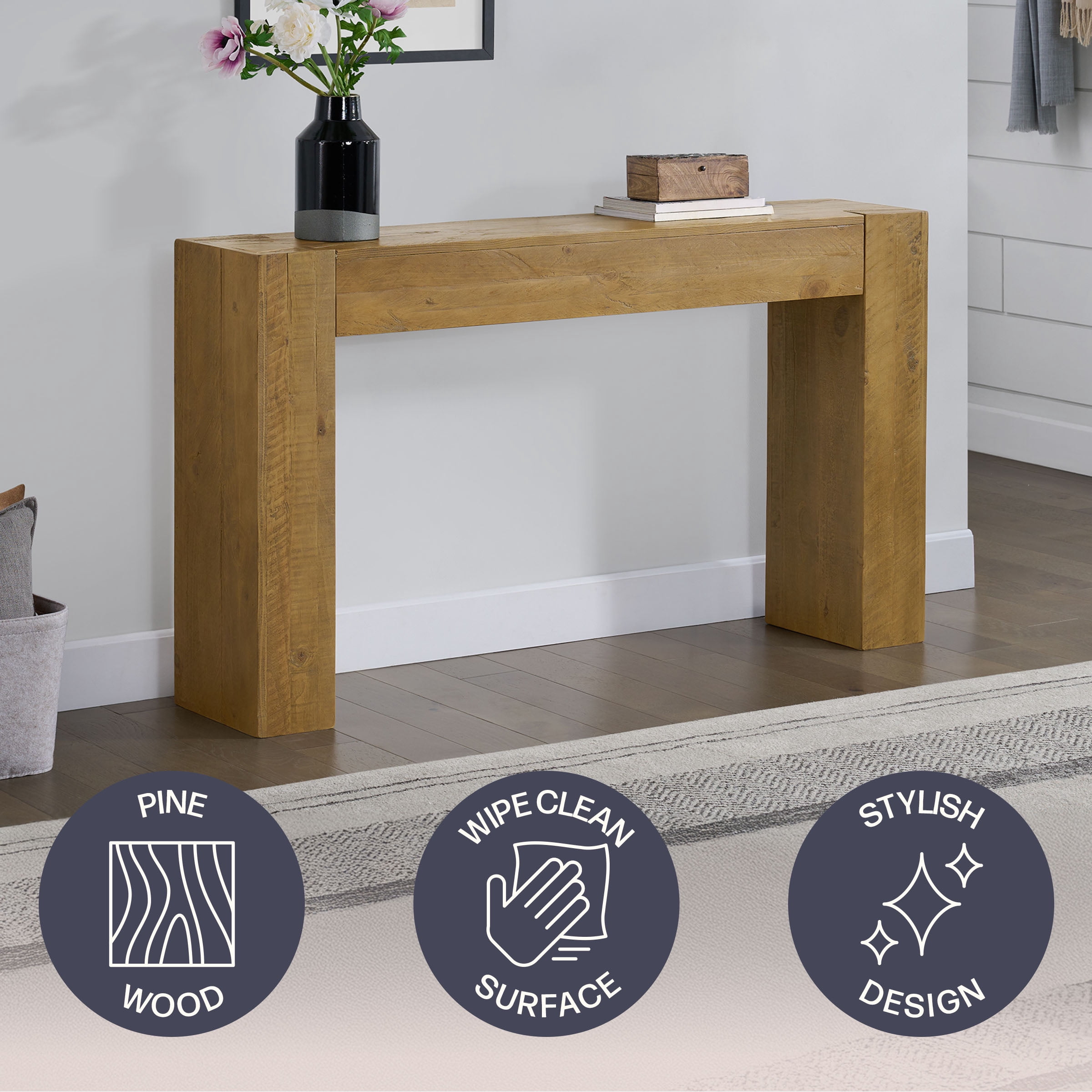 Alaterre Furniture Stockyard Solid Wood Console Table - 56in Modern Farmhouse Entryway Table, Oak