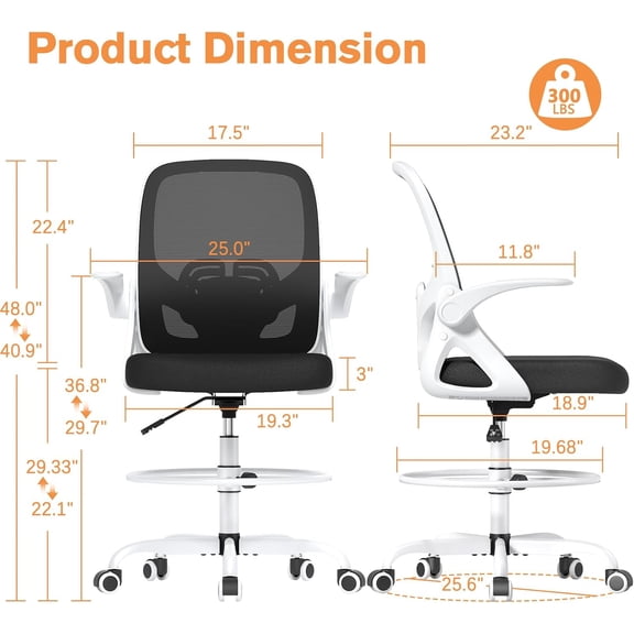 Tall Drafting Chair with Lumbar Support and Footrest Ring, Supportive Tall Extended Height Ergonomic Desk Chair for Home Work, Breathable Mesh Office Chair with Flip up Arms(White)