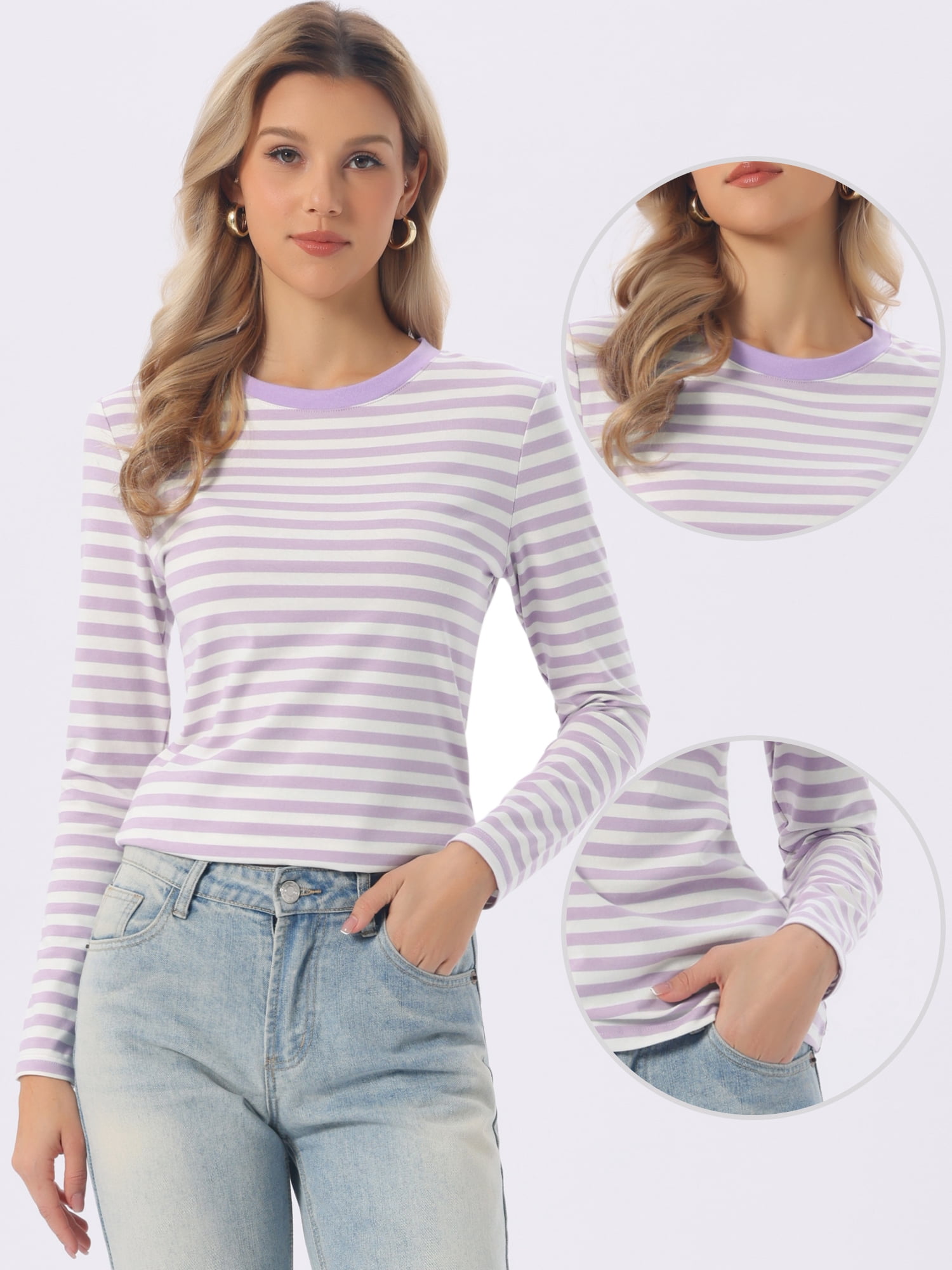 DARING DIVA Women's Striped Long Sleeve Cotton Crew Neck Tees XS Light Purple Stripe
