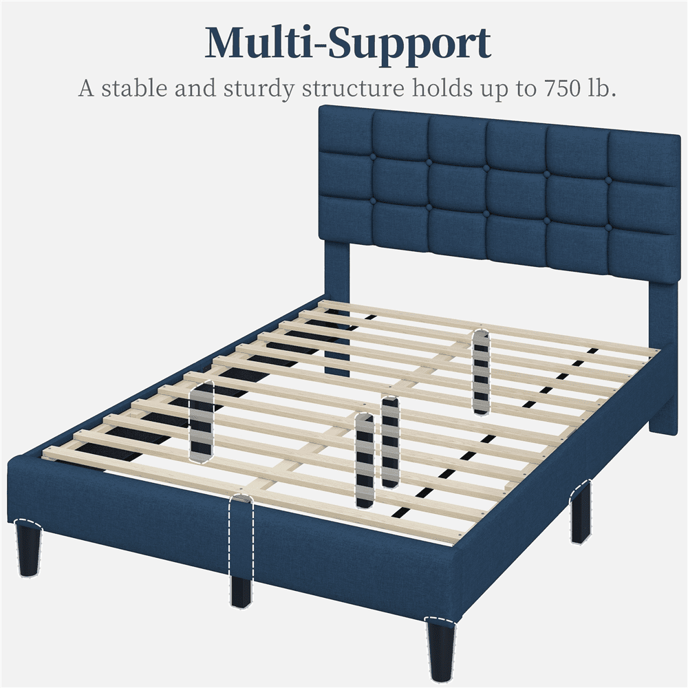 Yaheetech Upholstered Platform Bed with Square Tufted Headboard, Full, Navy Blue