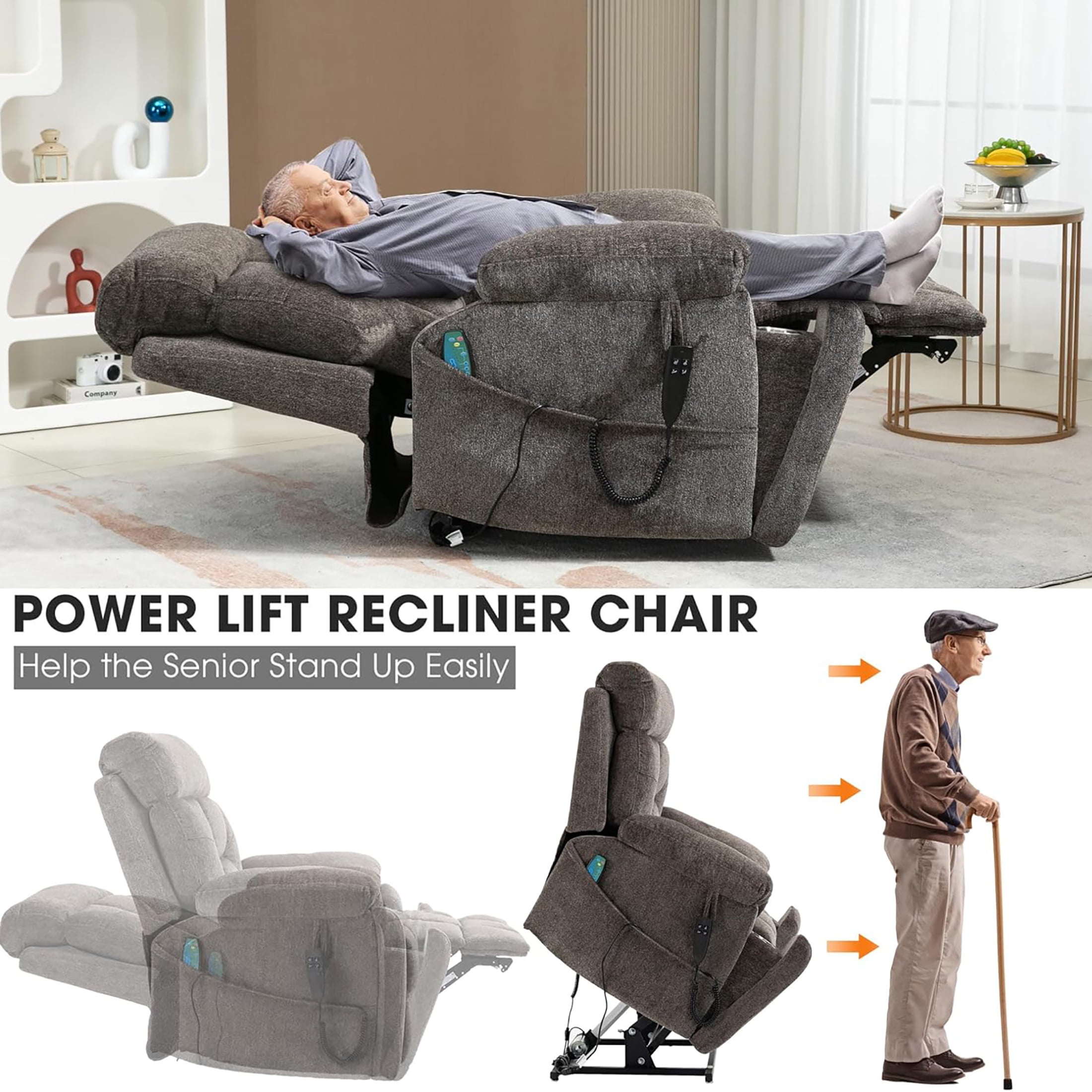 Oversized Power Lift Recliner Chair with Massage and Heat for Elderly, UHOMEPRO Large Wide Seat Recliners for Big and Tall, Safety Motion Reclining Mechanism with Hidden Cup Holder, Dark Brown