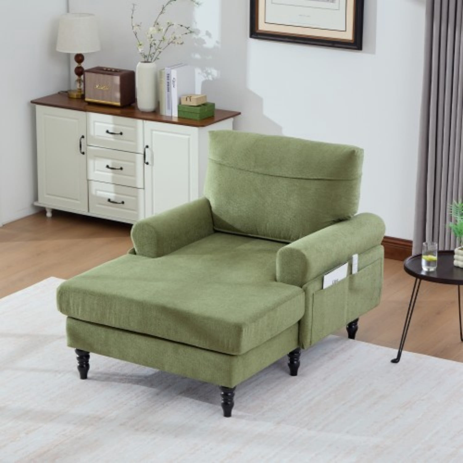 Chenille Chaise Lounge Chair, Oversized Upholstered Recliner Sofa with Wide Seat, High Density Foam Backrest, Solid Wood Legs & Side Pockets for Living Room, Bedroom, Office, Olive Green