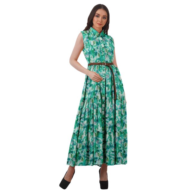 Moomaya Robe Chemise Longue Femmes Imprimée Sans Manches Robe d'Été Chemise à Boutons