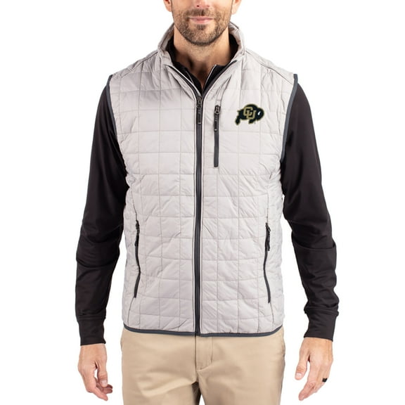 Men's-Cutter & Buck  Gray Colorado Buffaloes Rainier Eco Insulated PrimaLoft Full-Zip Puffer Vest