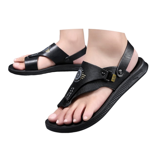 Dakaela Mens Sandals Summer Slippers Slip on Flip Flops for Men Dual Use Strap Leather Walking Flats