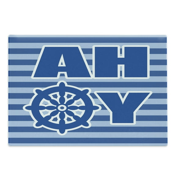 Ahoy Its a Boy Cutting Board, Ahoy Written with Nautical Wheel Striped Wall Art Design, Decorative Tempered Glass Cutting and Serving Board, Large Size, Blue Pale Blue White, by Ambesonne