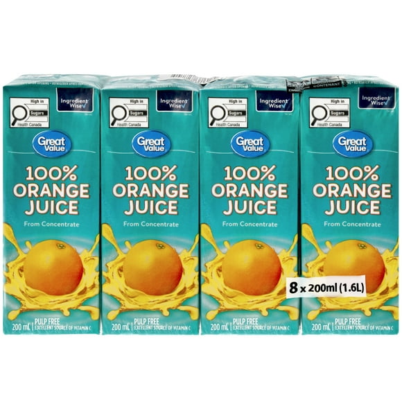 Great Value Orange Juice from concentrate, 8x200mL