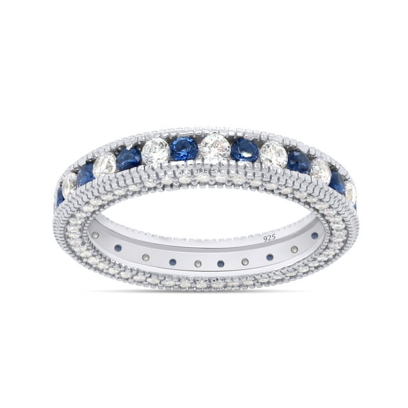 Jewel Zone US Simulated Blue Sapphire & White Cubic Zirconia Eternity Band Ring 14k White Gold over Silver-4