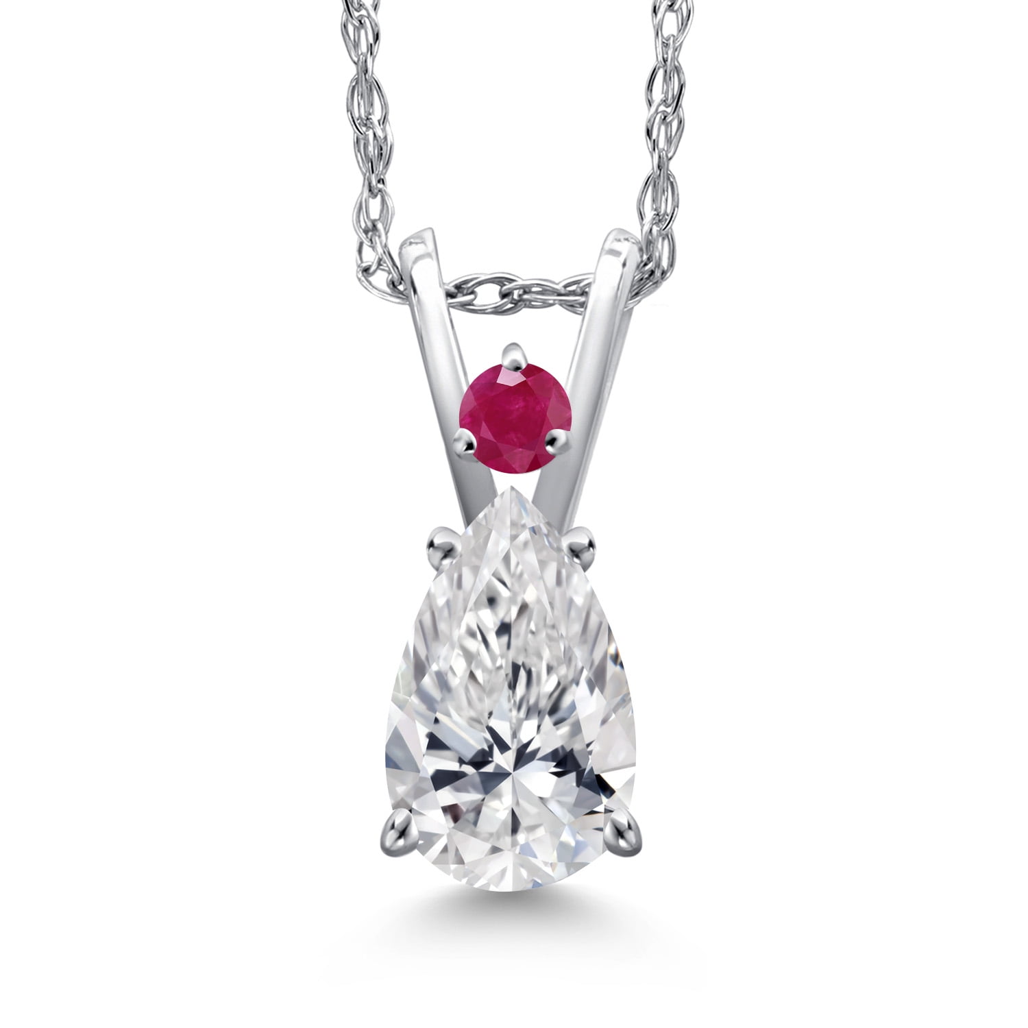 Gem Stone King 14K White Gold DEF Lab Grown Diamond and Red Ruby Pendant Necklace for Women | 0.56 Cttw | Gemstone April Birthstone | Pear Shape 7X5MM | With 18 inch Chain