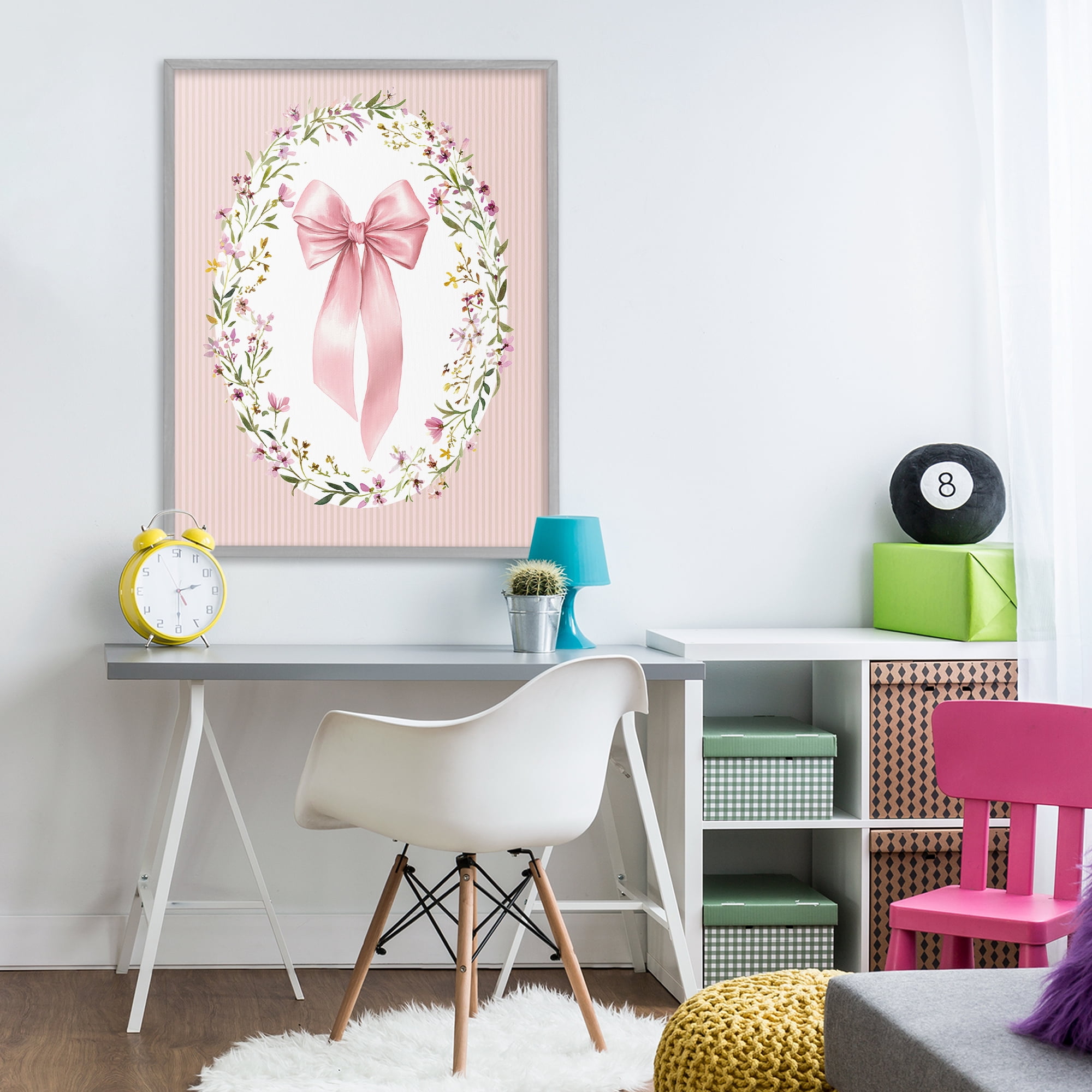 Stupell Industries Ribbon with Oval Florals Gray Framed Giclee Art, design by Christine Simpson Art