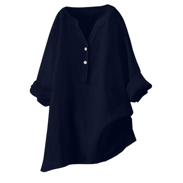 GigrtiJin Womens Long Sleeved Shirt Loose V-Neck Cotton Linen Button Tops Spring Summer Solid Color Casual Daily Blouse