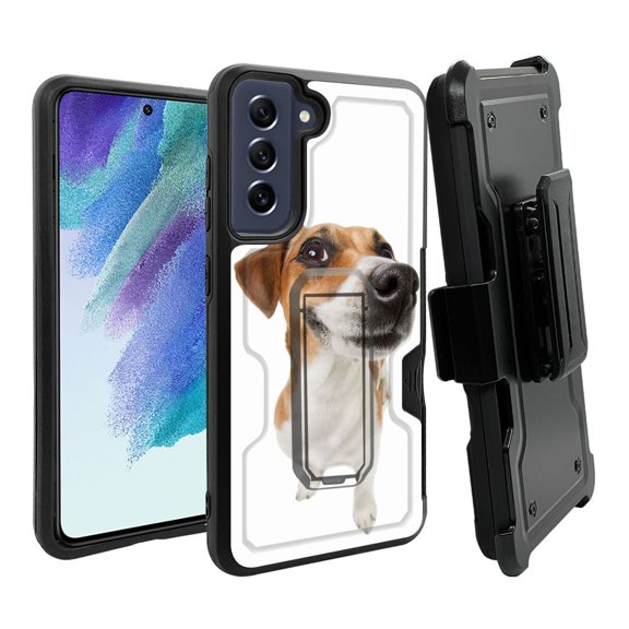 ANJ  Rugged Dual Layer Hybrid Holster Kickstand Case w/ Card Slot   Tempered Glass Cover for Samsung Galaxy S21 FE 5G - Cute Puppy