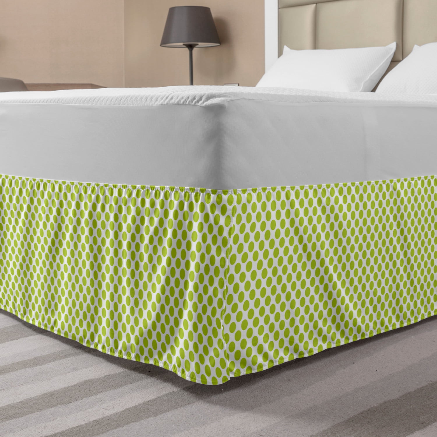 Lime Green Bed Skirt, Nostalgic Polka Dots Style Large Circles Girlish
