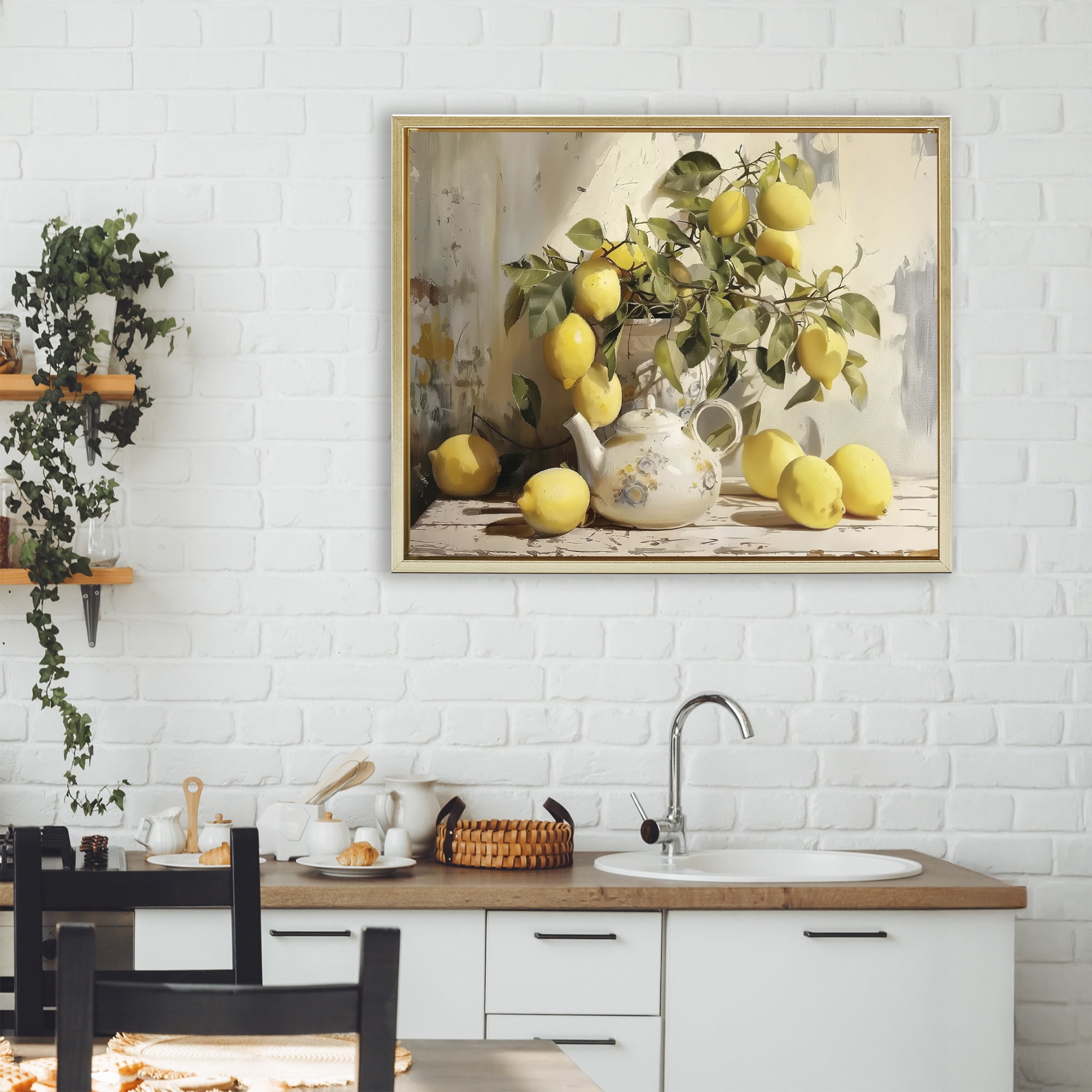 Stupell Industries Lemon Still Life with Teapot Gold Framed Floater Canvas Wall Art, design by LSR Design Studio