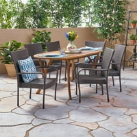 Coraline Outdoor 7-Piece Acacia Wood and Wicker Dining Set