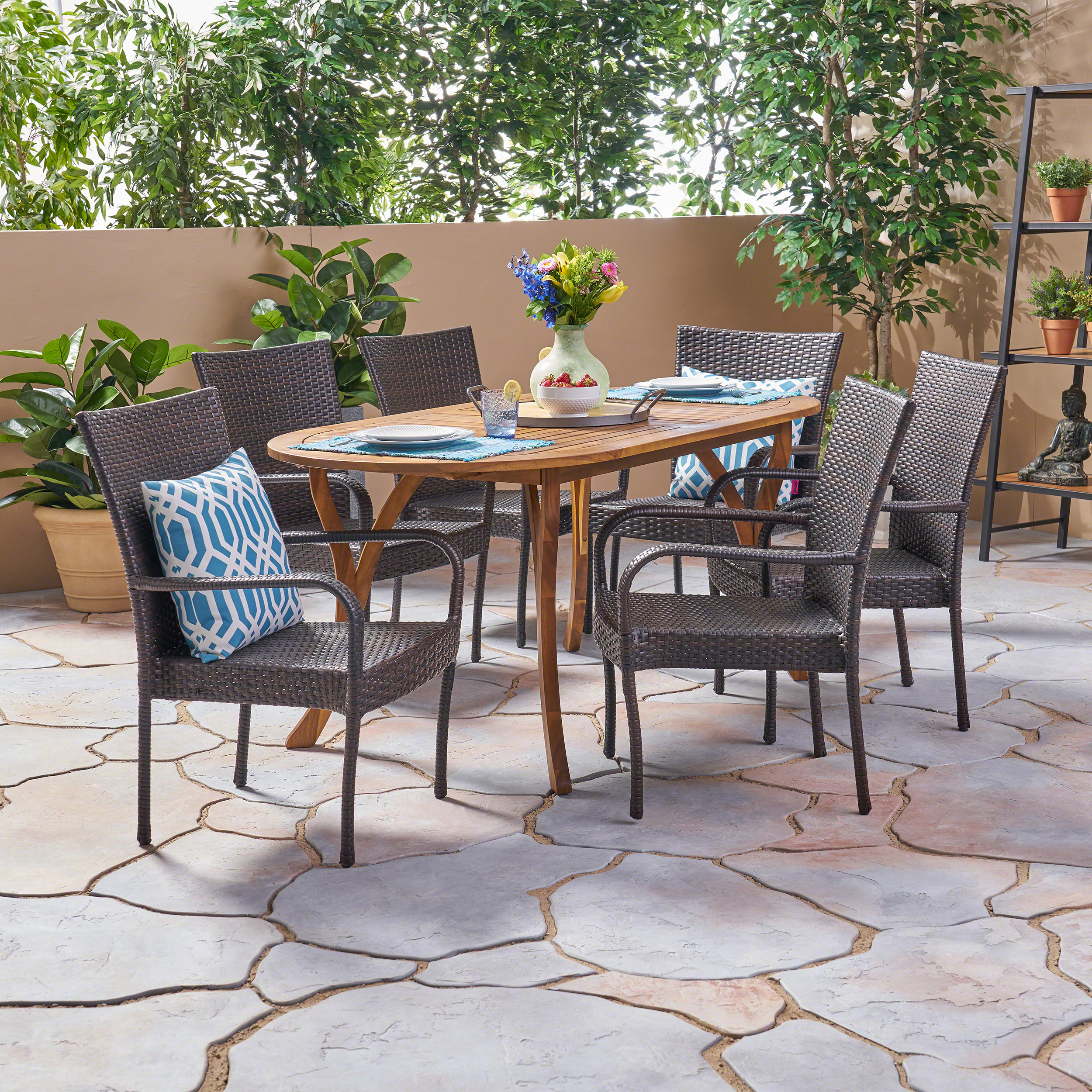 Coraline Outdoor 7 Piece Acacia Wood and Wicker Patio Dining Set