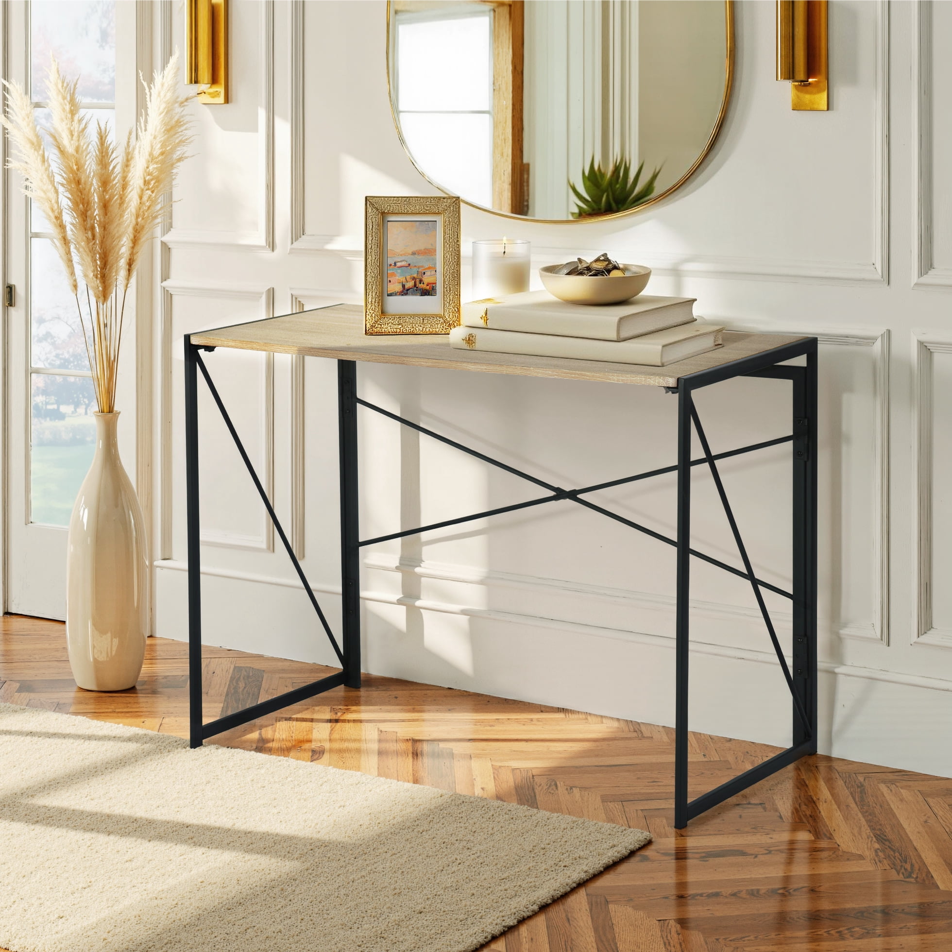 Homy Casa 39.4" Folding Table, Light Wood Tabletop with Metal Frame for Home Office or Dorm Use