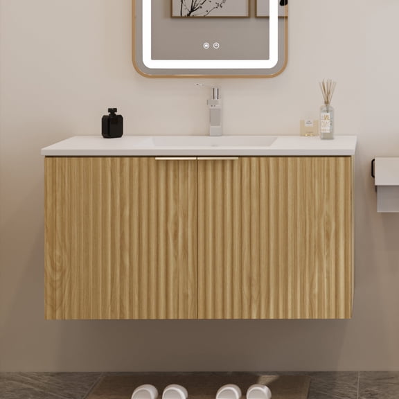 Modern Bathroom Vanity with Wavy Textured Doors - Wall Mounted Floating Cabinet, Soft-Close Waterproof Storage for Small Bathroom, Easy Install (Nature with Sink, 36)