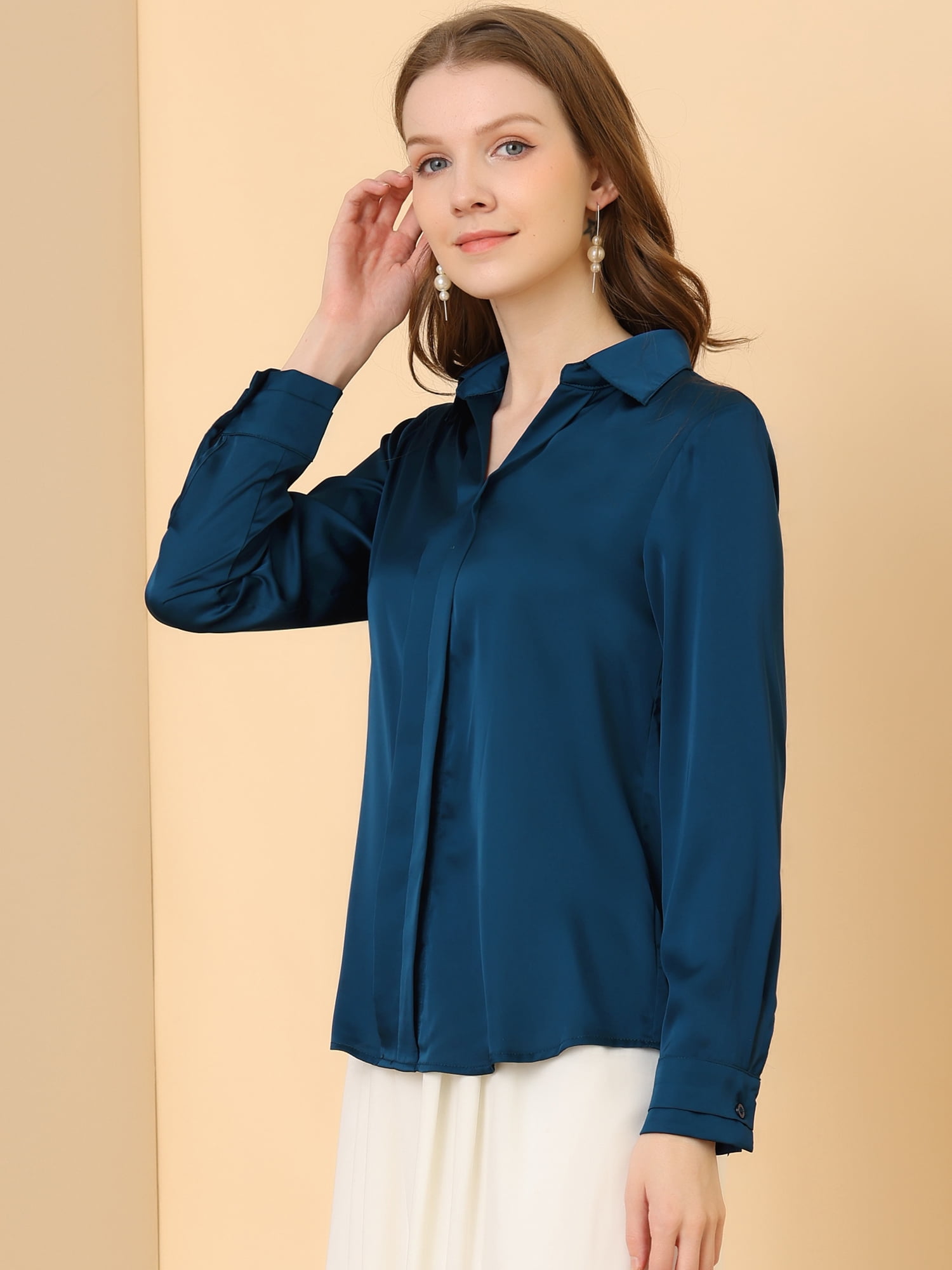 DARING DIVA Women's V Neck Classic Work Office Long Sleeve Shirt L Deep Blue