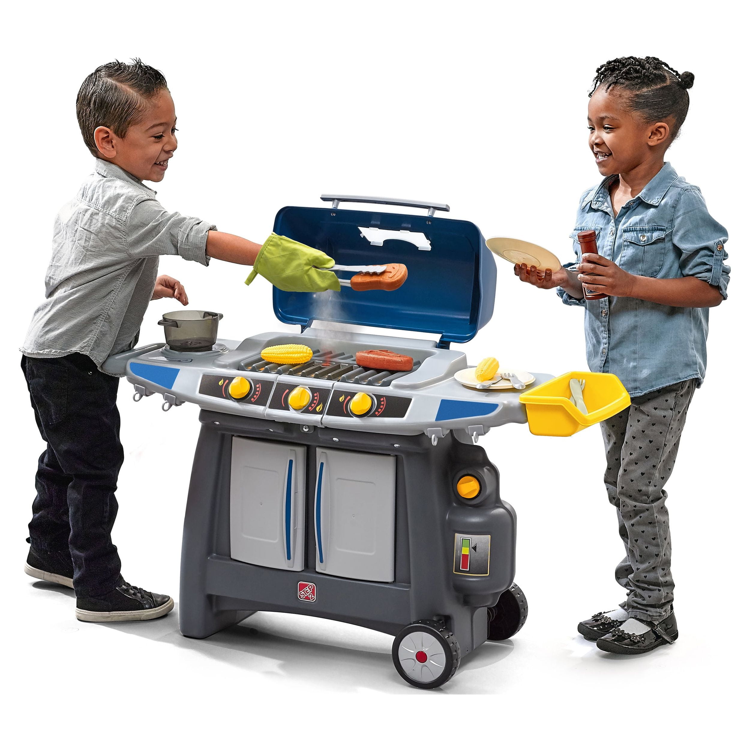 Step2 Sizzle & Smoke Barbecue Blue Toddler Grill Playset with 15 Piece Plastic Barbeque Play Set
