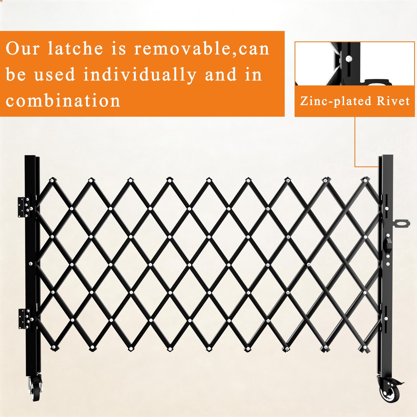Foldable Security Gate, Expandable Safety Barrier with 360° Swivel Casters Lockable Design, Portable Mobile Rolling Barricade for Garage, Warehouse, Driveway and Pool Areas(87" H x 85" W)