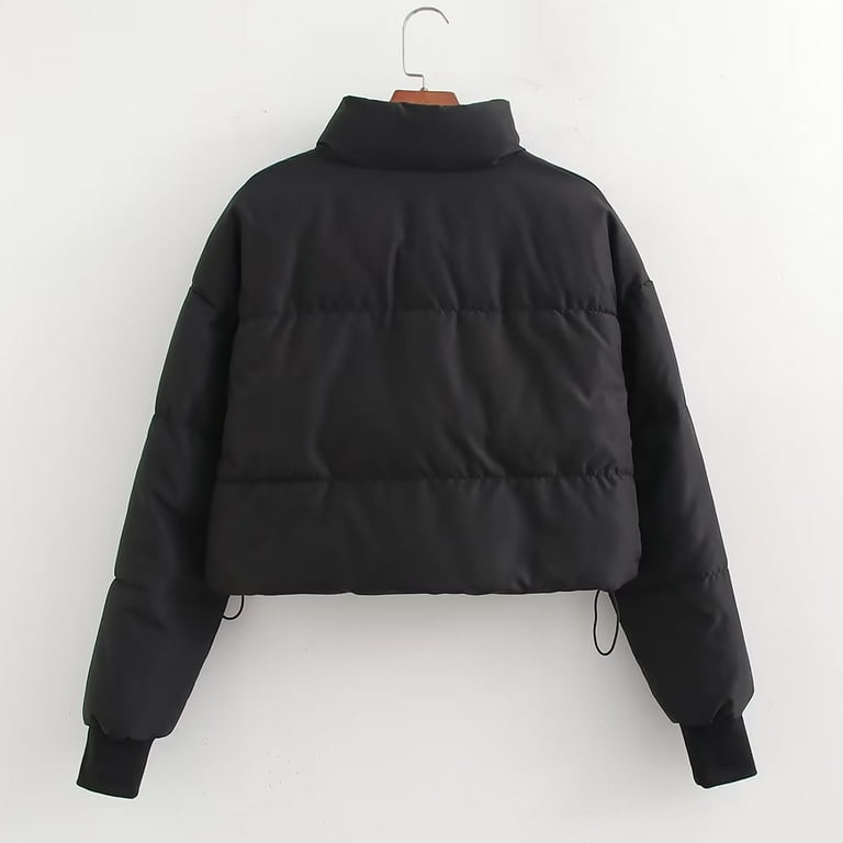 Women's Cropped Puffer Jacket Stand Collar Short Padded Coat Solid