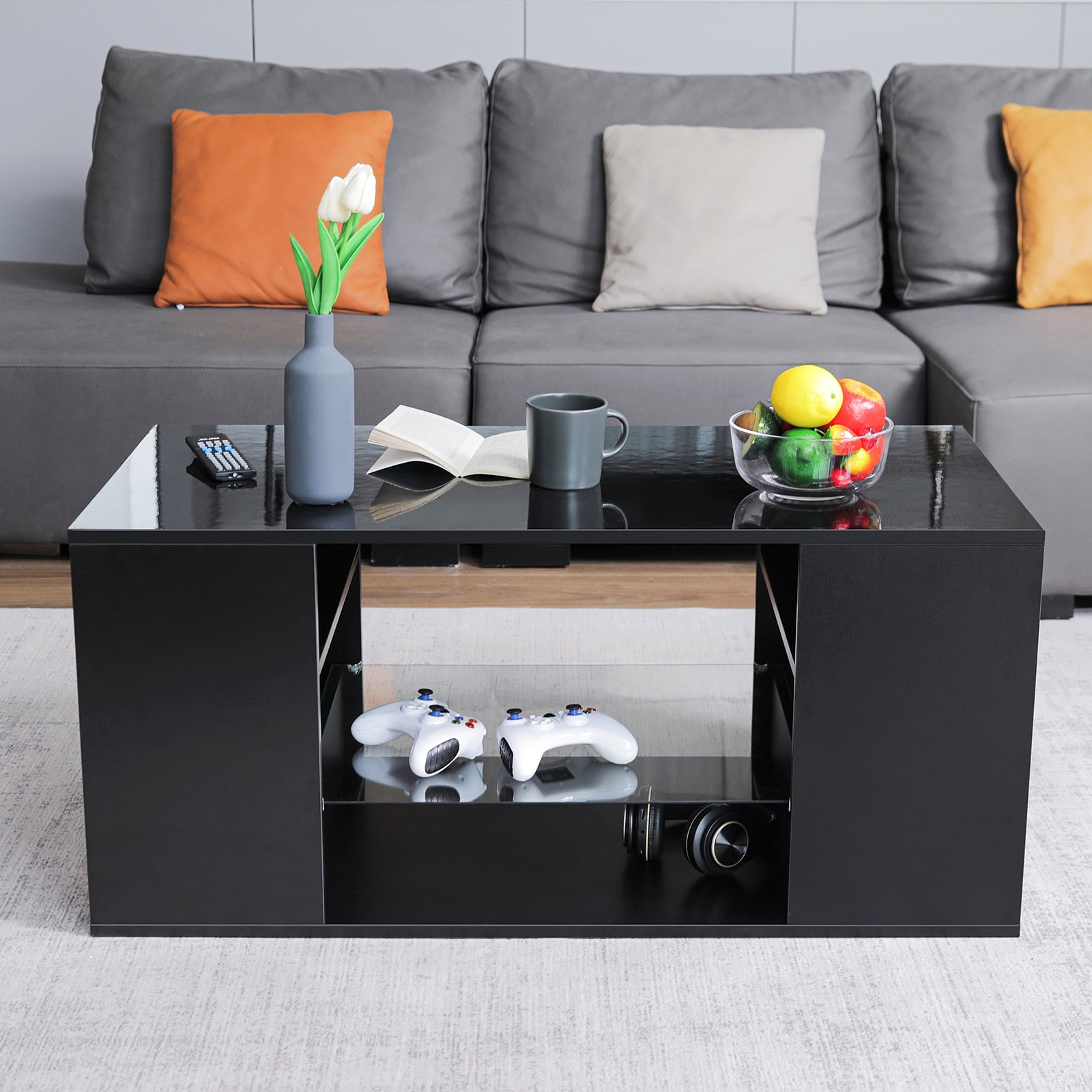Hommpa Black Coffee Table with LED Lights Living Room Table Glass Open Shelves High Gloss Rectangle Center Table Sofa Side Cocktail Tables