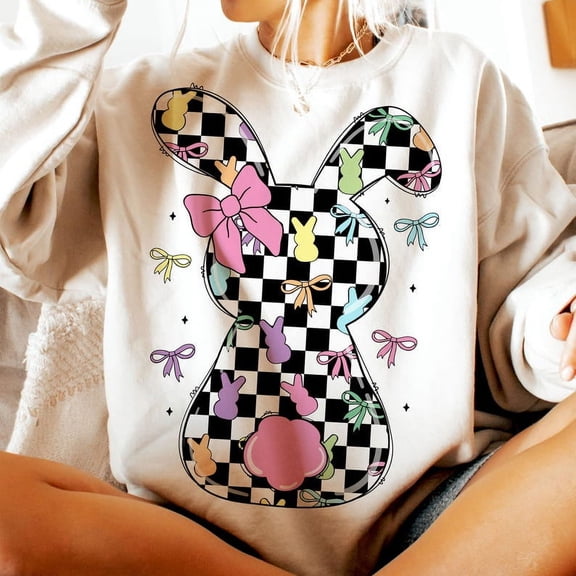 Retro Checkered Easter Coquette Bow Sweatshirt, Easter Bunny Shirt Design, Preppy Easter Holiday Tee