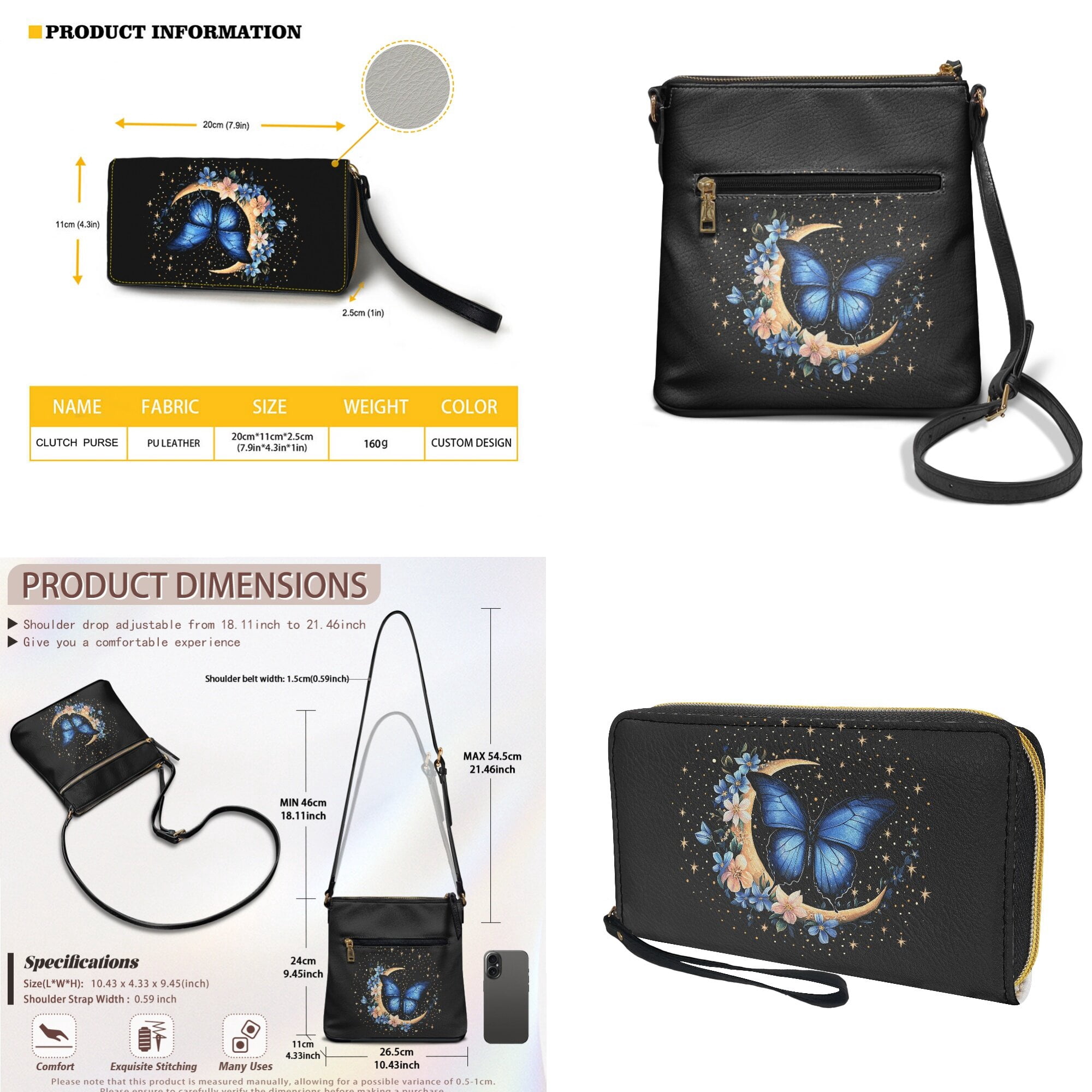 LedBack Butterfly Print Zipper Hobo Bag Wallet Set 2 Pcs Handbag and Wallet Set for Women, Leather Crossbody Satchel Purse Shoulder Handbag Messenger Purse, Black