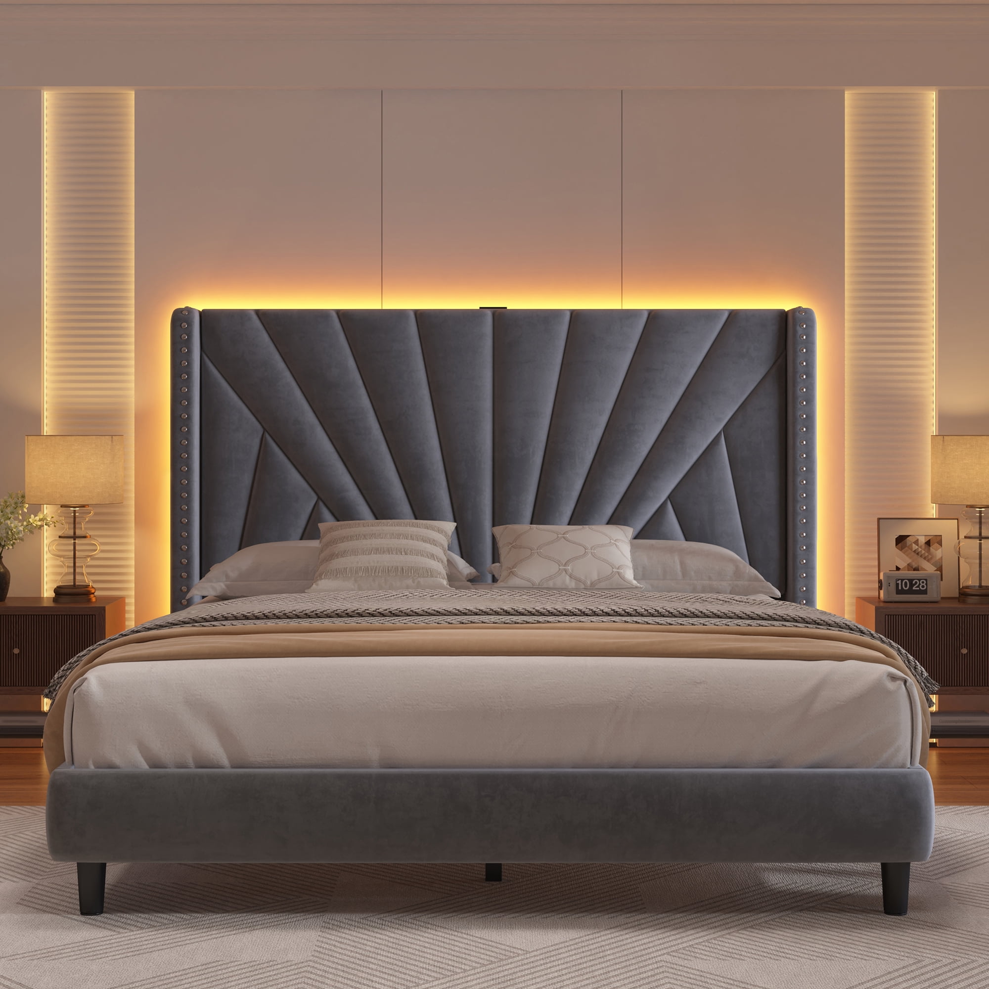 EnHomee Queen Bed Frame with 51"Tall Headboard Upholstered Bed Frame Queen Size with LED Lights & Charge Station, Gray, No Box Spring Needed, Noise Free