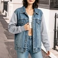 thumbnail image 3 of Otntypg Women's Splicing Hooded Jean Jacket Casual Fall Drawstring Layered Washed Long Sleeve Sweatshirt Button Down Hoodie Denim Shack Jacket with Pockets, 3 of 9