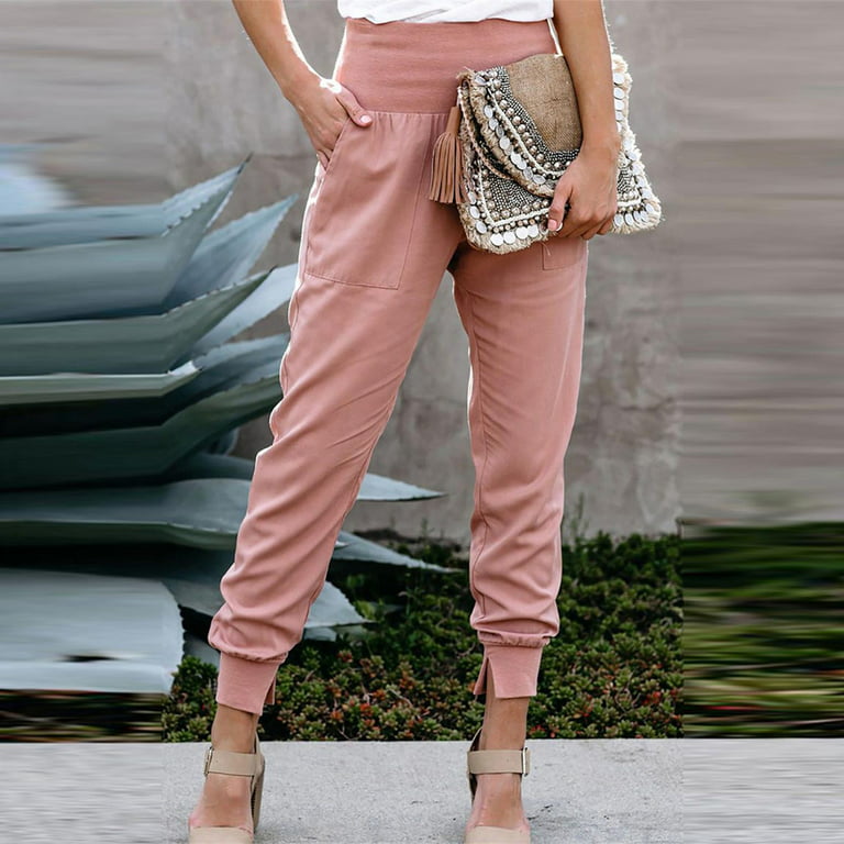 Olyvenn Womens Solid Color Length Pants Winter Tops Casual Plus Size Loose  Women Fashion High Waist Trousers Slit Pocket For Women 2022 Pink M