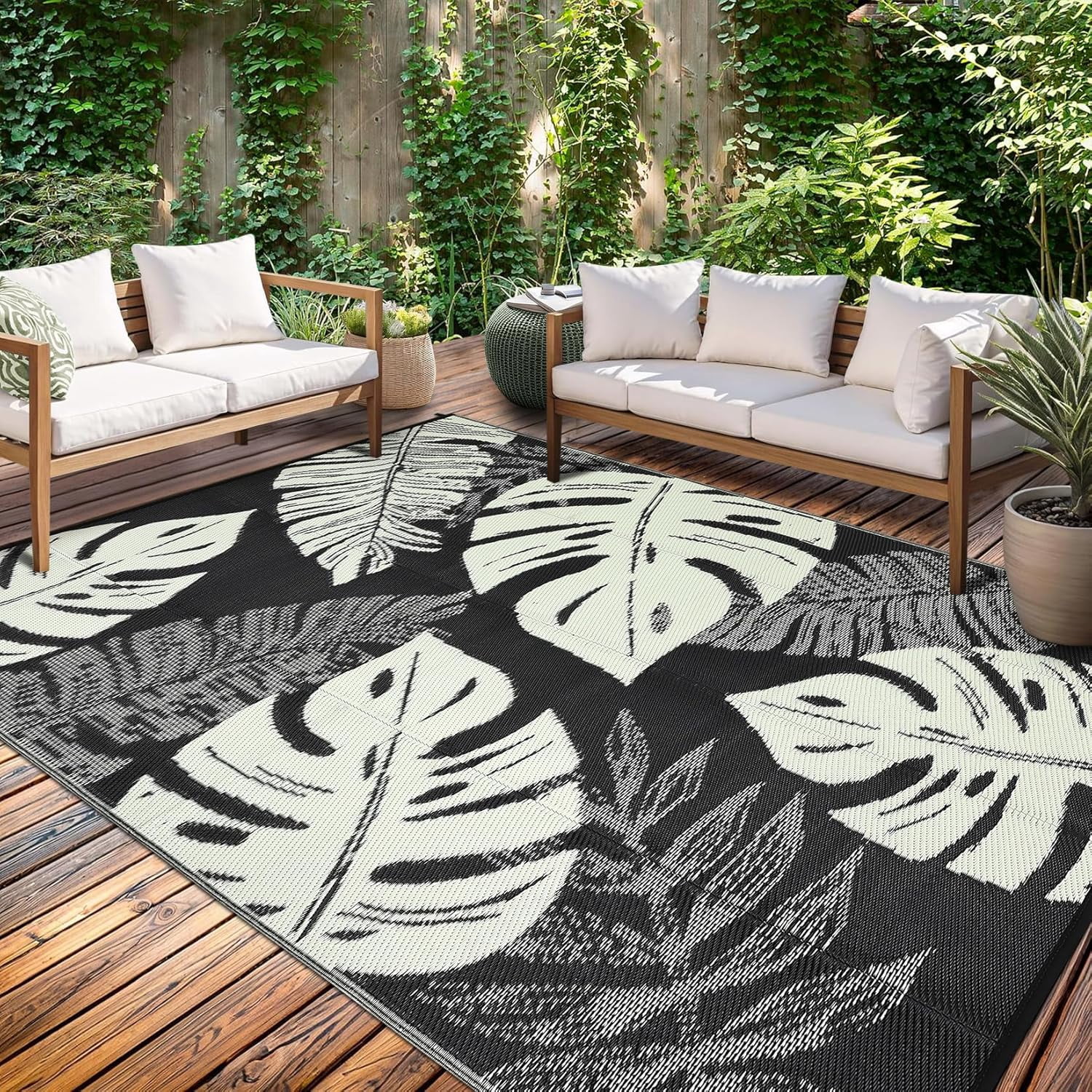 Funslane Outdoor Rug 8' x 10', Waterproof Plastic Straw Mat, Foldable & Reversible, Indoor Outdoor Rugs for Patio, Deck, RV, Beach, Picnic, Black/Beige