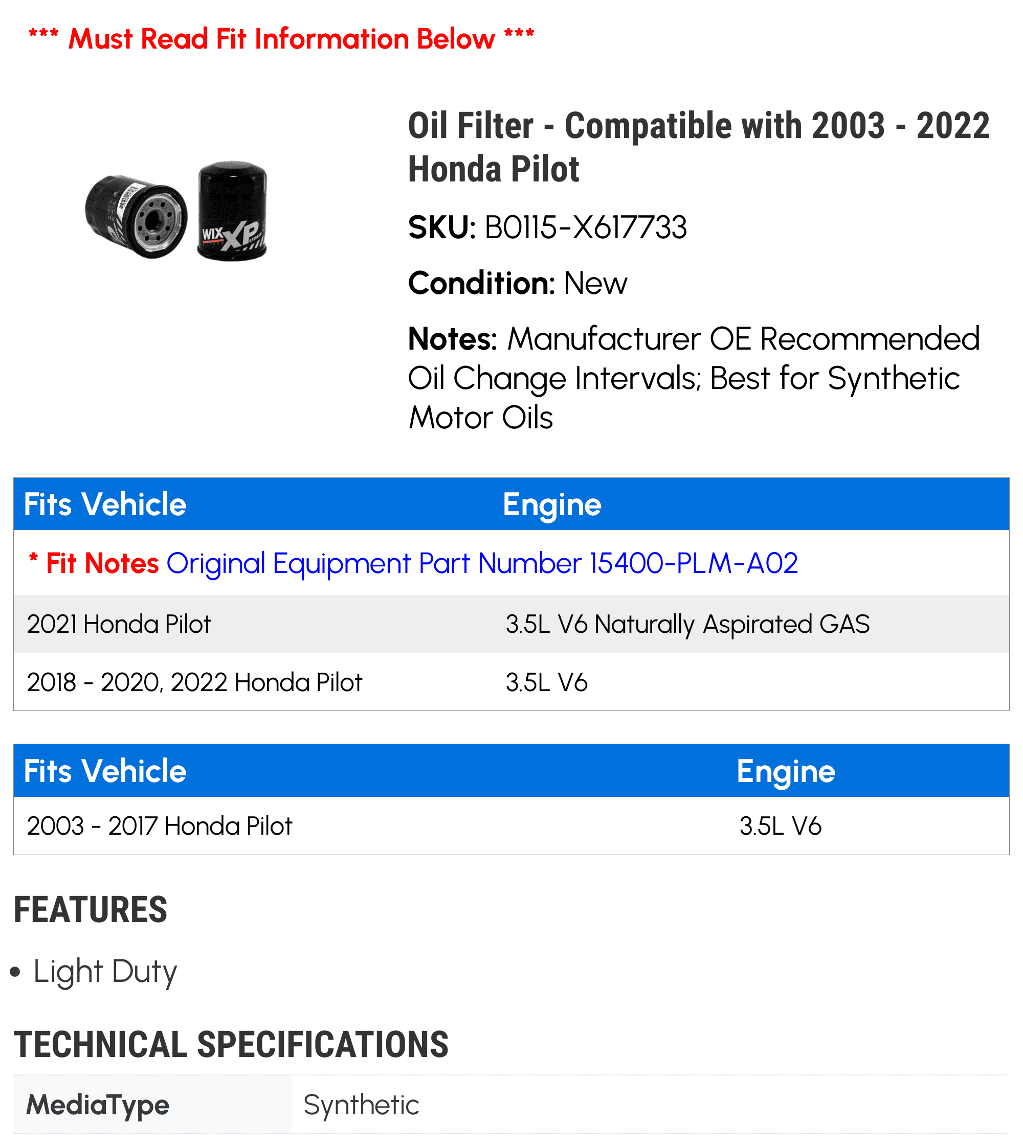 Oil Filter - Compatible with 2003 - 2022 Honda Pilot 2004 2005 2006 2007 2008 2009 2010 2011 2012 2013 2014 2015 2016 2017 2018 2019 2020 2021