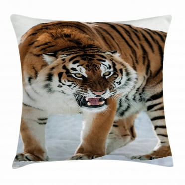 Tiger Throw Pillow Cushion Cover, Close-up of Panthera Tigris Altaica Siberian Giant Feline Russian Predator, Decorative Square Accent Pillow Case, 16 X 16 Inches, Pale Brown Black, by Ambesonne