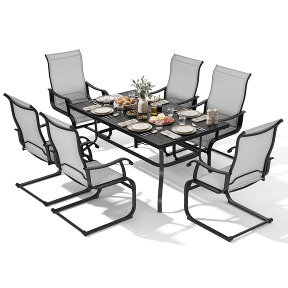 Nuu Garden 7-Piece Outdoor Dining Set, Metal Patio Dining Table with Umbrella Hole, 6 Textilene C-Spring Motion Chairs, Patio Table and Chair Set, All-Weather Patio Dining Set, Light Gray