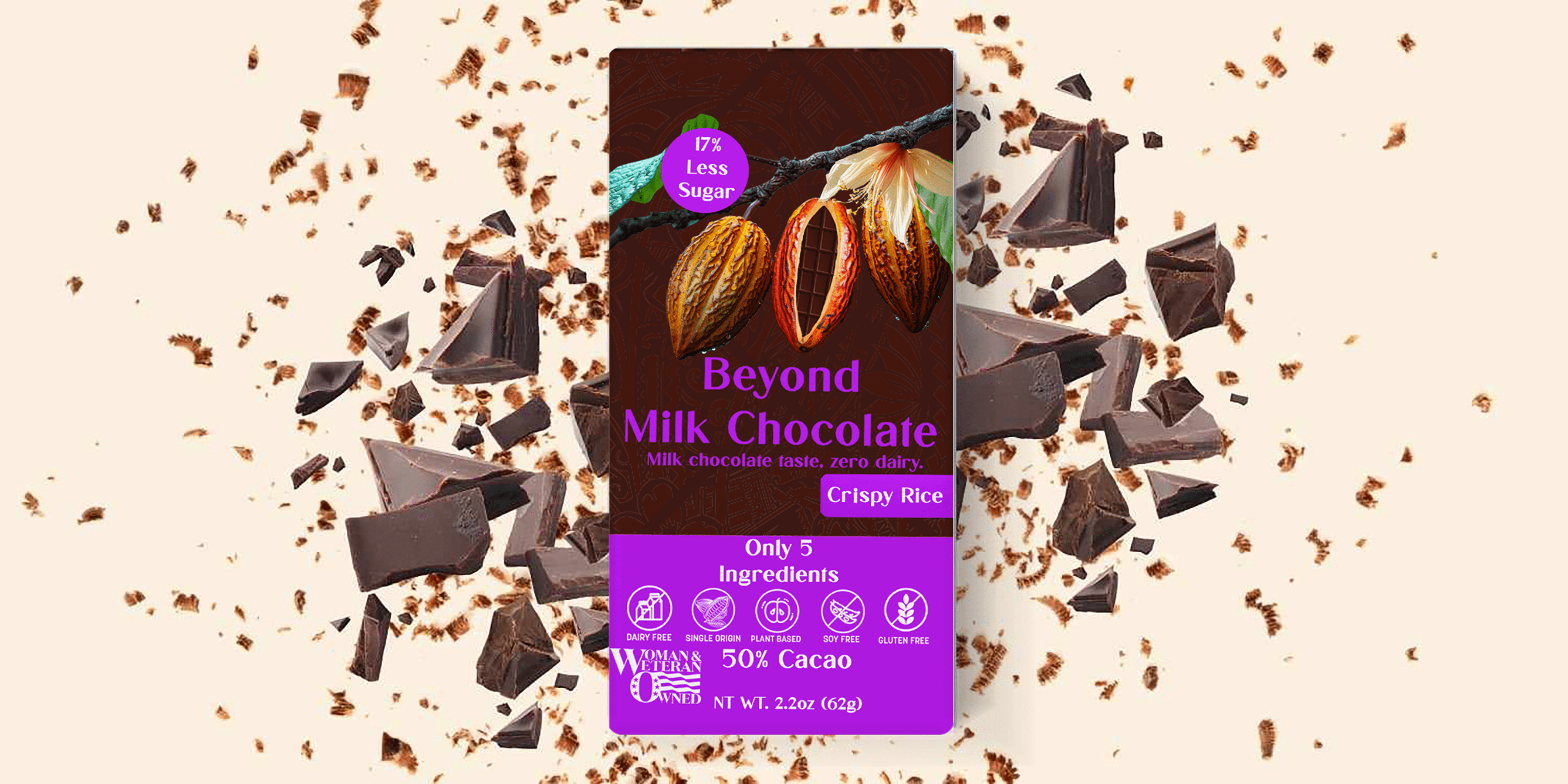 Beyond Milk Chocolate w/ Crispy Rice Bar - Dairy-free | 2.2 Ounce (Pack of 6) | Organic, Low Sugar, 50% Cacao, Plant Based, Dairy Free, Gluten-Free | Single Origin