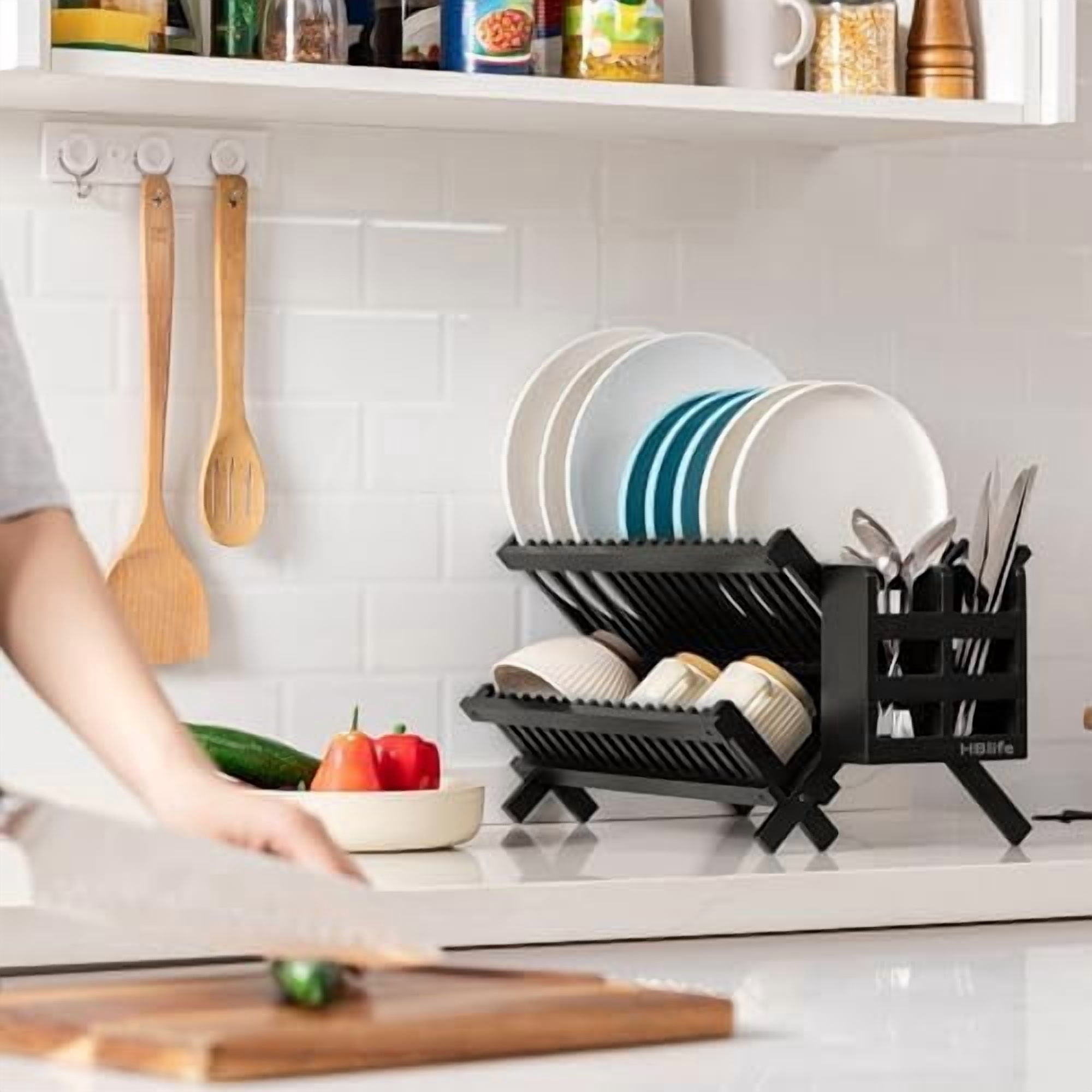 Dish Rack, Black Bamboo Folding 2-Tier Collapsible Drainer Dish Drying Rack with Utensils Flatware Holder Set (Dish Rack with Utensil Holder)