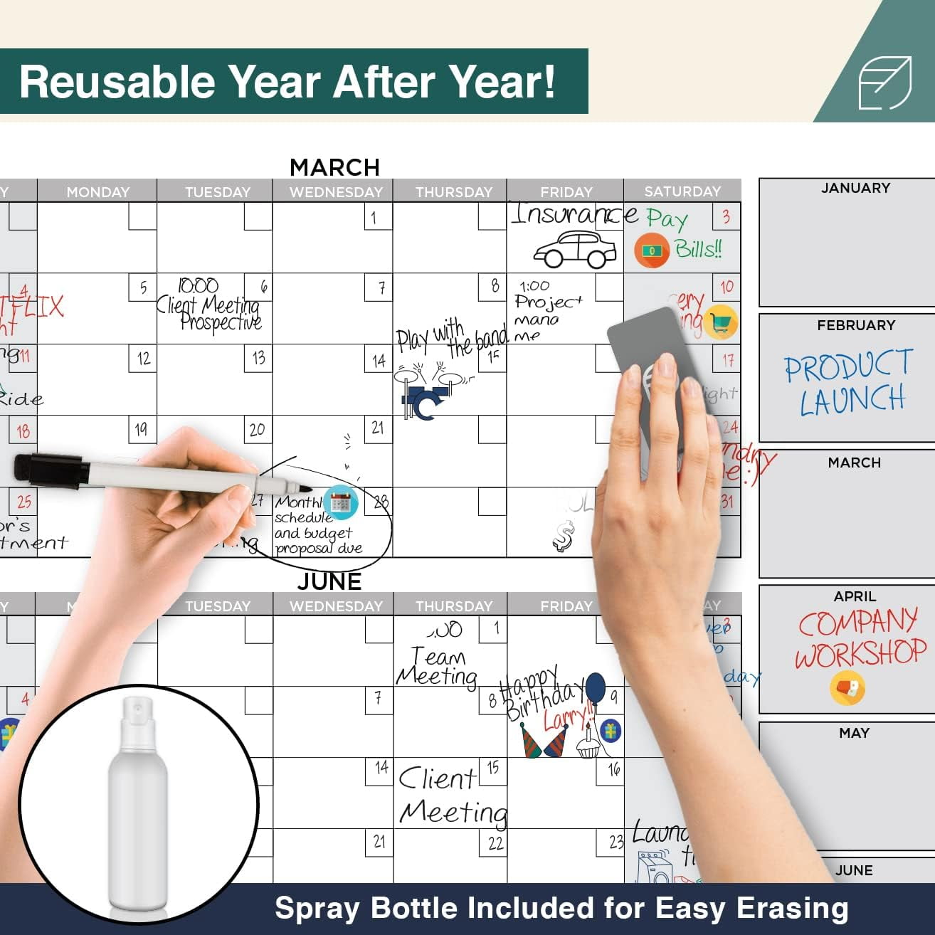 Large Dry Erase Wall Calendar - [38 x 68] - Undated Blank 2024 Reusable  Yearly Calendar - Giant Whiteboard Year Poster - Jumbo Laminated 12 Month