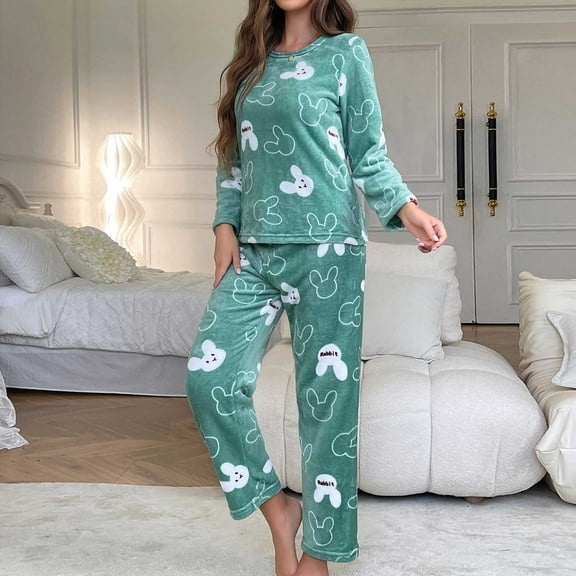 QUNYINEY Flannel Plus Size Pajamas for Women Set 2 Piece Cute Rabbit Nightwear and Pants Long Sleeve Crew Neck Warm Loose Fit Matching Sets Women Clothing
