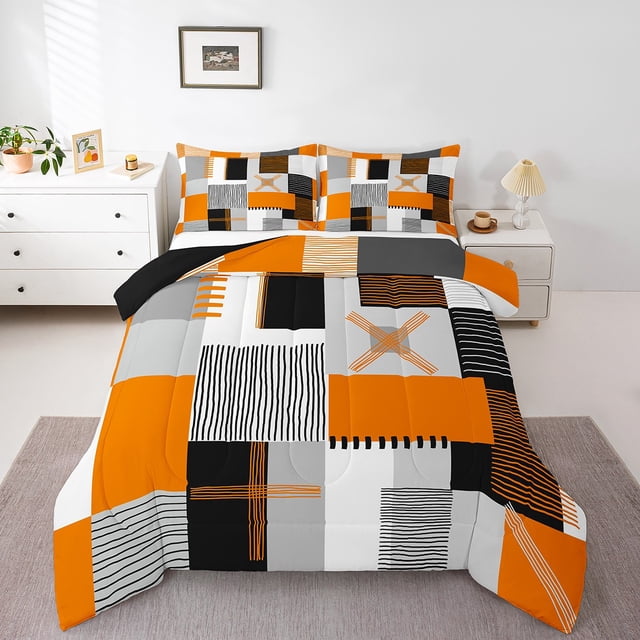 Erosebridal Patchwork Rectangle Bedding King Comforter Set,Geometry Stripe Bedding Sets King with Comforter,Abstract Artwork Decor,Reversible,Breathable,3-Piece