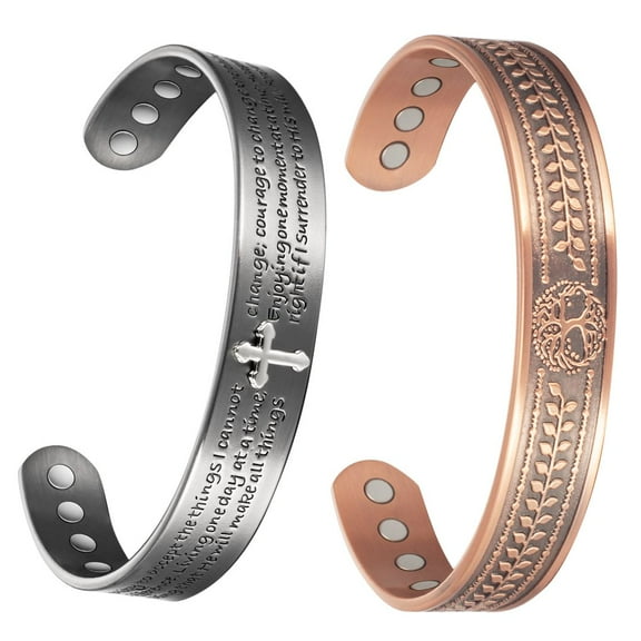 Wollet Pure Copper Magnetic Bracelets for Men Women, Set of 2,  Silver Cross& Life Tree  Copper Jewelry Gift