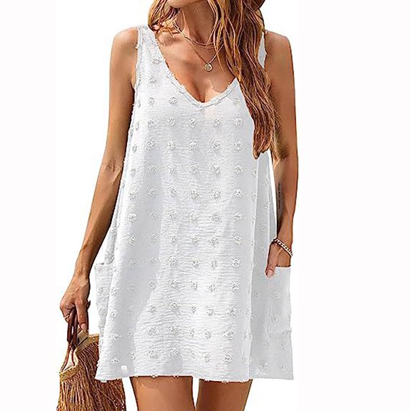 Elvqul Womens Summer Dress V Neck Mini Dress Pullover 2026 White Pockets Cami Dresses for Juniors Plain