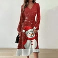 thumbnail image 3 of Women's V-Neck Long Sleeve Print Long Dress with Christmas Tree Snowman Snowflake AI Design, Casual Fashion Fall and Winter Dress for Holiday Parties and Everyday,Vermilion,S, 3 of 6