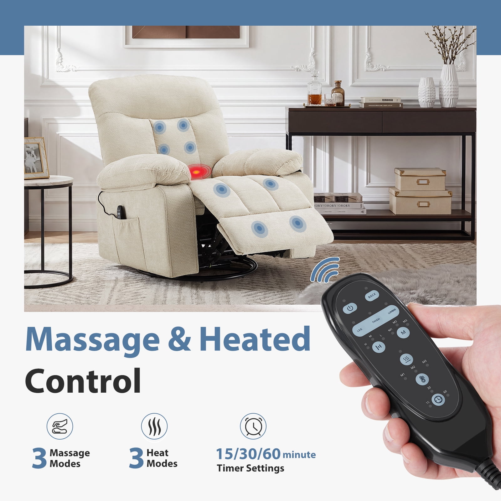 CONCETTA Manual Swivel Recliner Chair with Heating and Vibration Massage，Beige