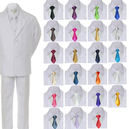 

6pc Boy Baby Kid Teen Formal Wedding White Suit Tuxedo Extra Satin Necktie S-7